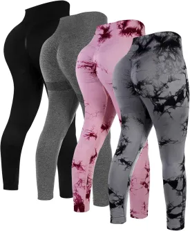 4 Pcs Womens Workout Leggings Tie Dye High Waisted Yoga Pants Seamless Scrunch Butt Lifting Compression Tights