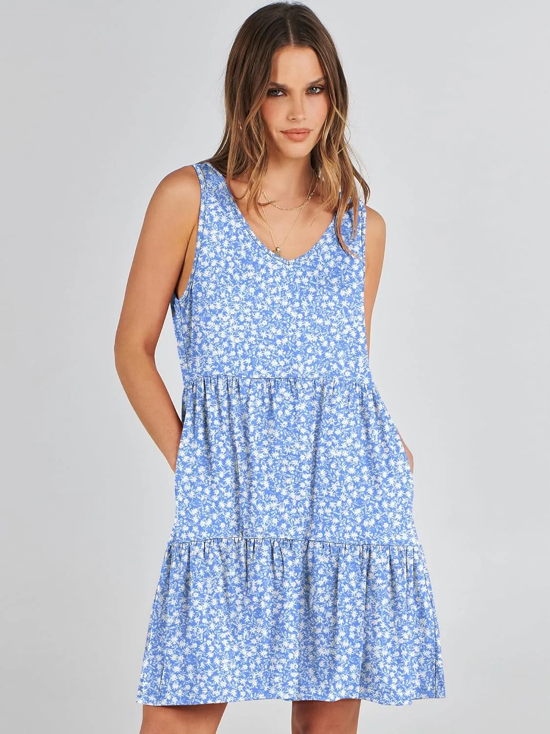 ANRABESS Womens Summer Casual Tank Dress Sleeveless V Neck T Shirt Sundress Flowy Tiered Swing Mini Beach Vacation Dresses