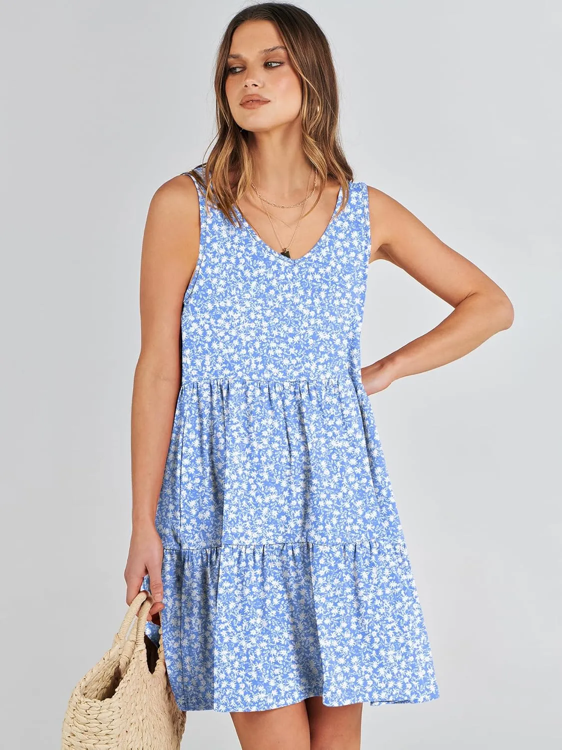 ANRABESS Womens Summer Casual Tank Dress Sleeveless V Neck T Shirt Sundress Flowy Tiered Swing Mini Beach Vacation Dresses
