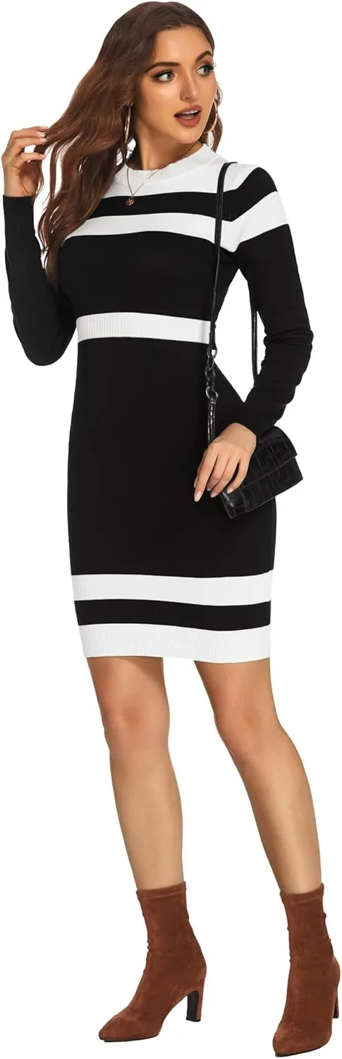 Beyove Women's Colorblock Striped Long Sleeve Cotton Knit Sweater Bodycon Dress XS-XXL