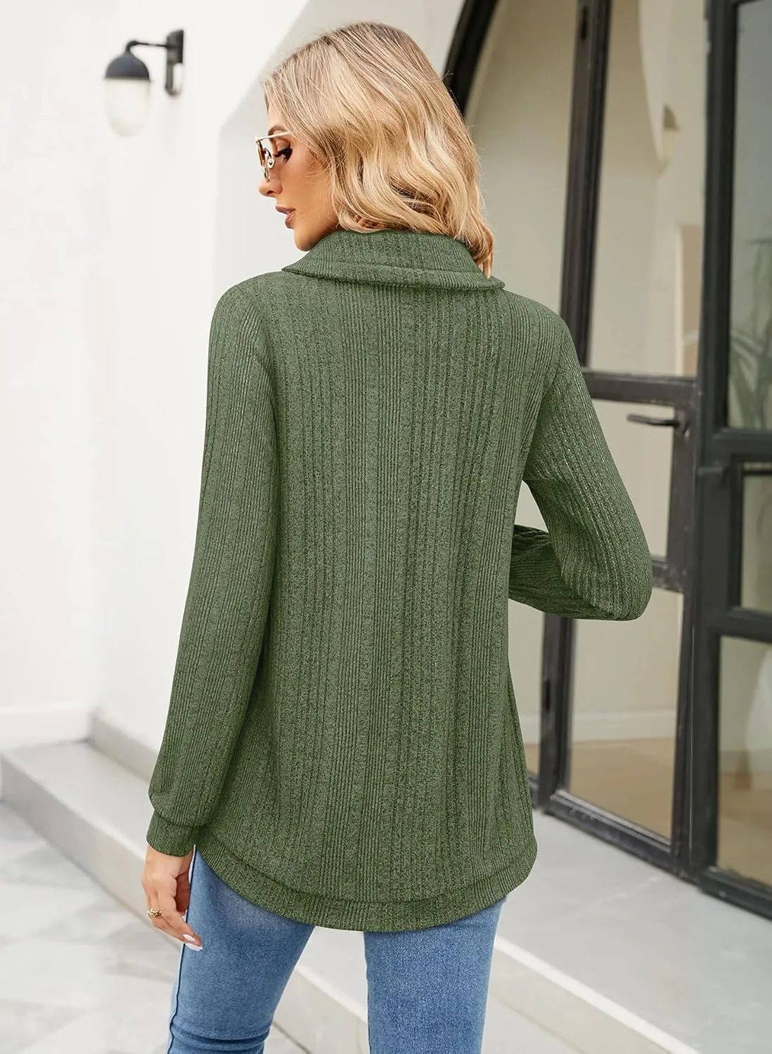 Bulotus Womens Cowl Neck Sweaters Lightweight Warm Tunic Tops for Women Loose Fit Dressy Tulip Hem