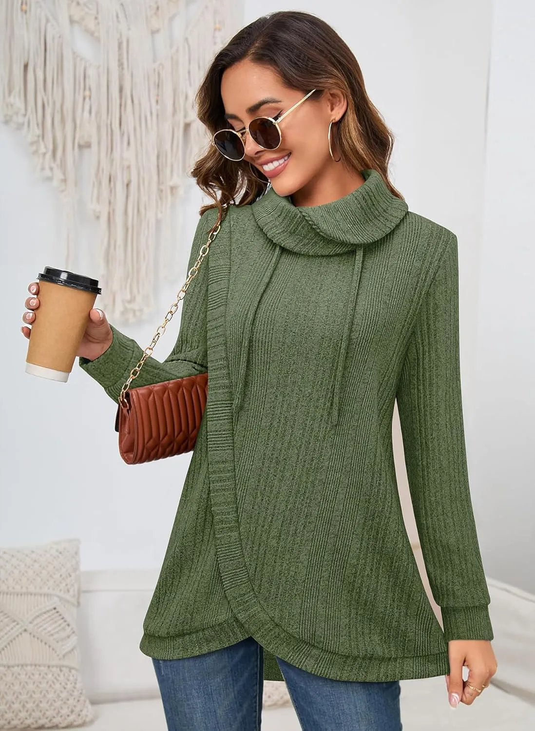 Bulotus Womens Cowl Neck Sweaters Lightweight Warm Tunic Tops for Women Loose Fit Dressy Tulip Hem