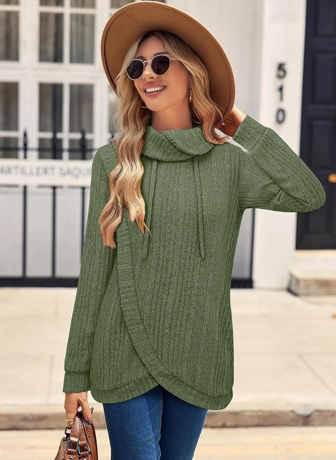 Bulotus Womens Cowl Neck Sweaters Lightweight Warm Tunic Tops for Women Loose Fit Dressy Tulip Hem