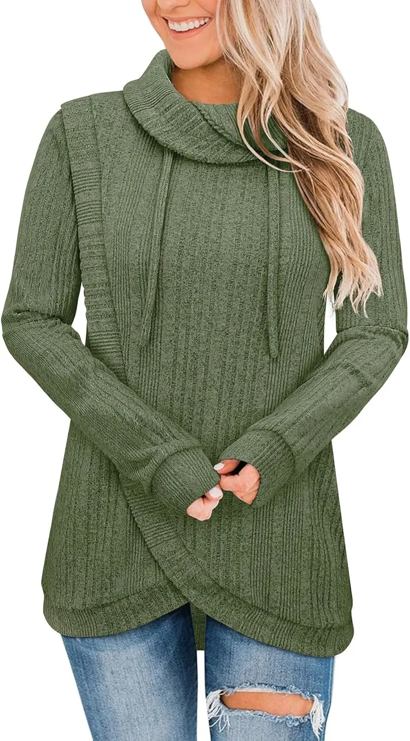 Bulotus Womens Cowl Neck Sweaters Lightweight Warm Tunic Tops for Women Loose Fit Dressy Tulip Hem