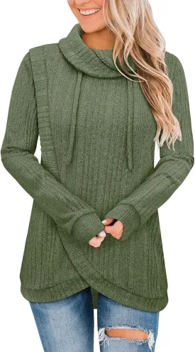Bulotus Womens Cowl Neck Sweaters Lightweight Warm Tunic Tops for Women Loose Fit Dressy Tulip Hem