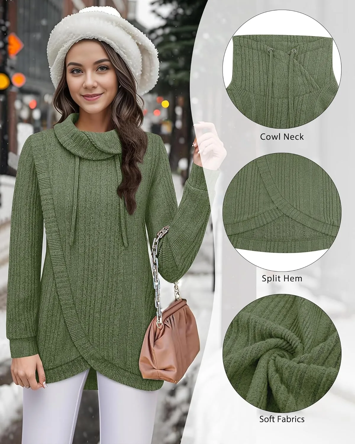 Bulotus Womens Cowl Neck Sweaters Lightweight Warm Tunic Tops for Women Loose Fit Dressy Tulip Hem
