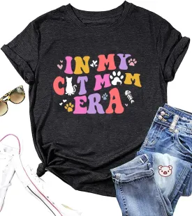Cat Shirt for Women Cat Mom Letter Print Tshirts in My Cat Mom Era Graphic Tee Cute Casual Pet Paw Top