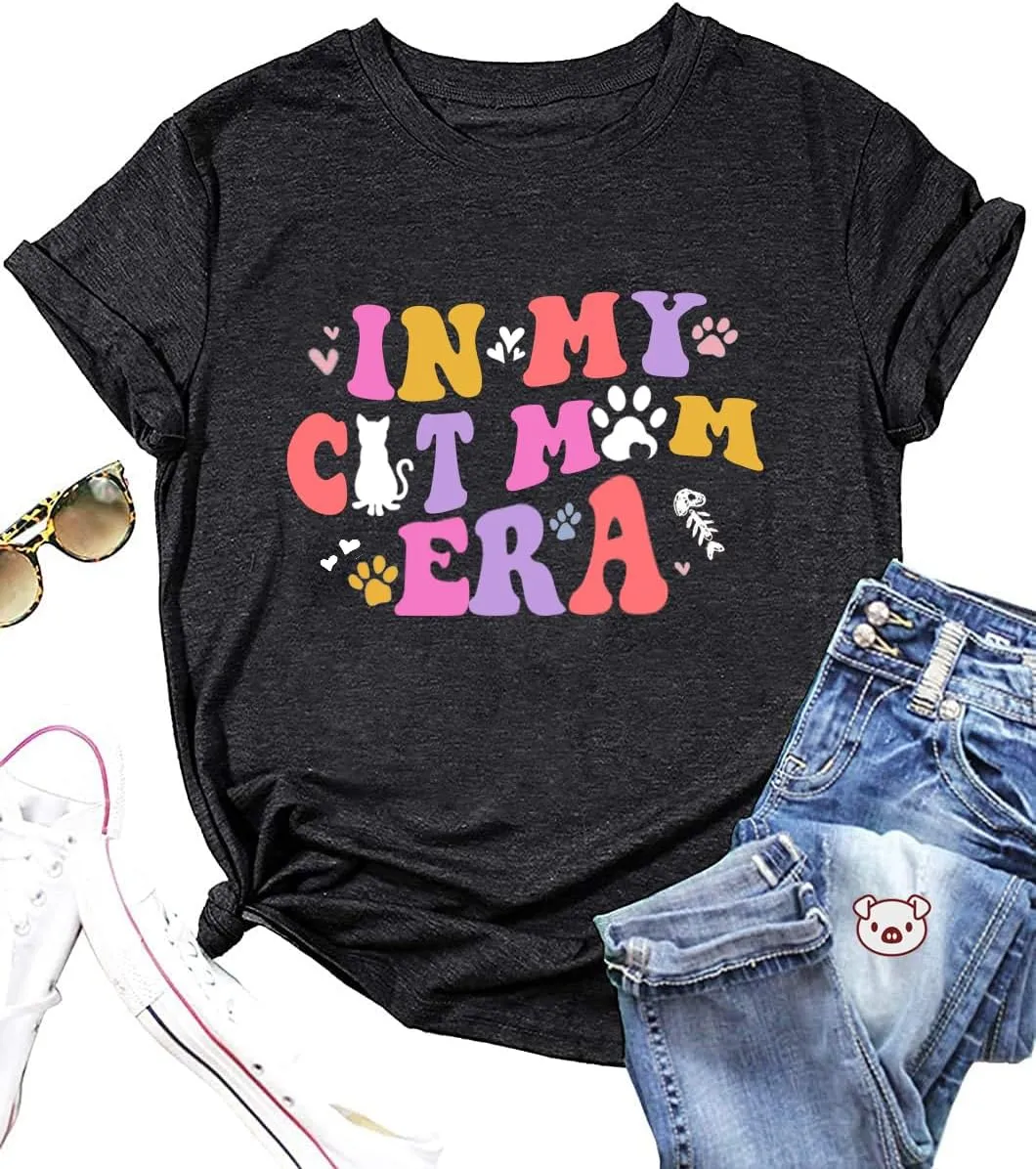 Cat Shirt for Women Cat Mom Letter Print Tshirts in My Cat Mom Era Graphic Tee Cute Casual Pet Paw Top