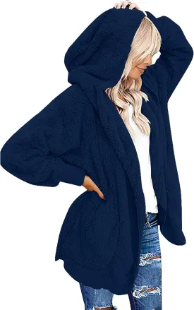 CHICGAL Womens Fuzzy Jacket Hooded Cardigan Open Front Sherpa Coat Outwear with Pockets