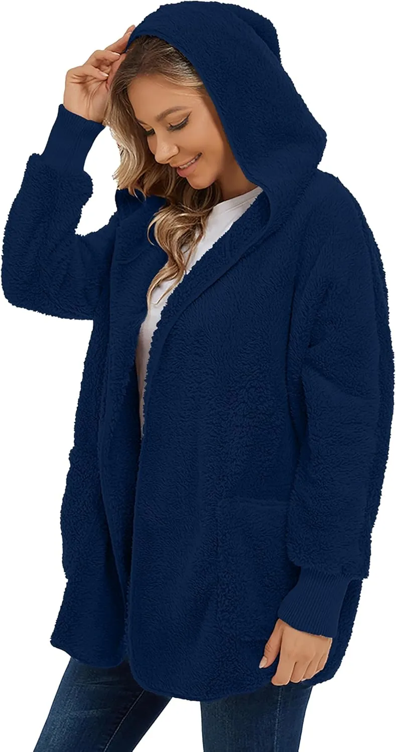 CHICGAL Womens Fuzzy Jacket Hooded Cardigan Open Front Sherpa Coat Outwear with Pockets