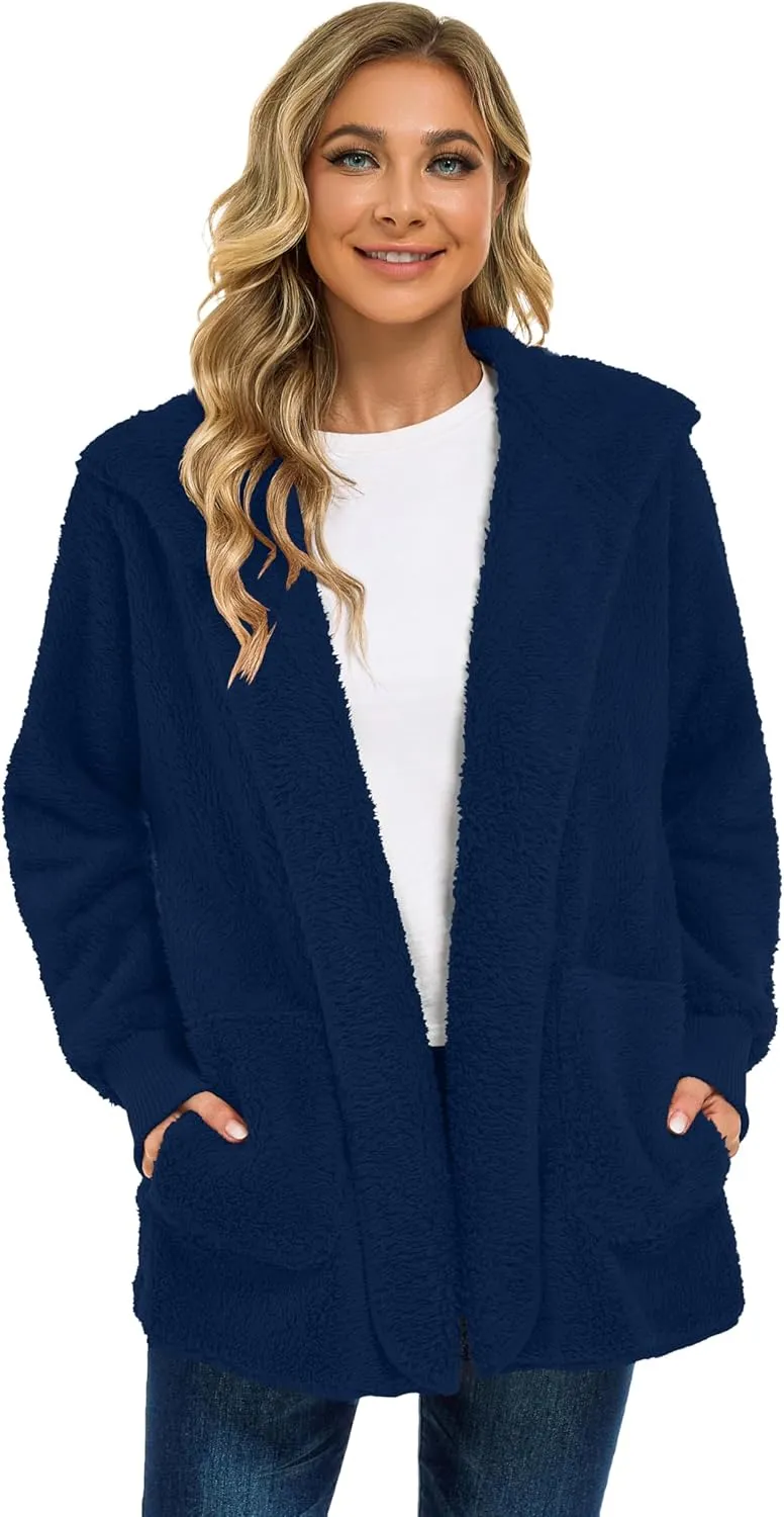 CHICGAL Womens Fuzzy Jacket Hooded Cardigan Open Front Sherpa Coat Outwear with Pockets