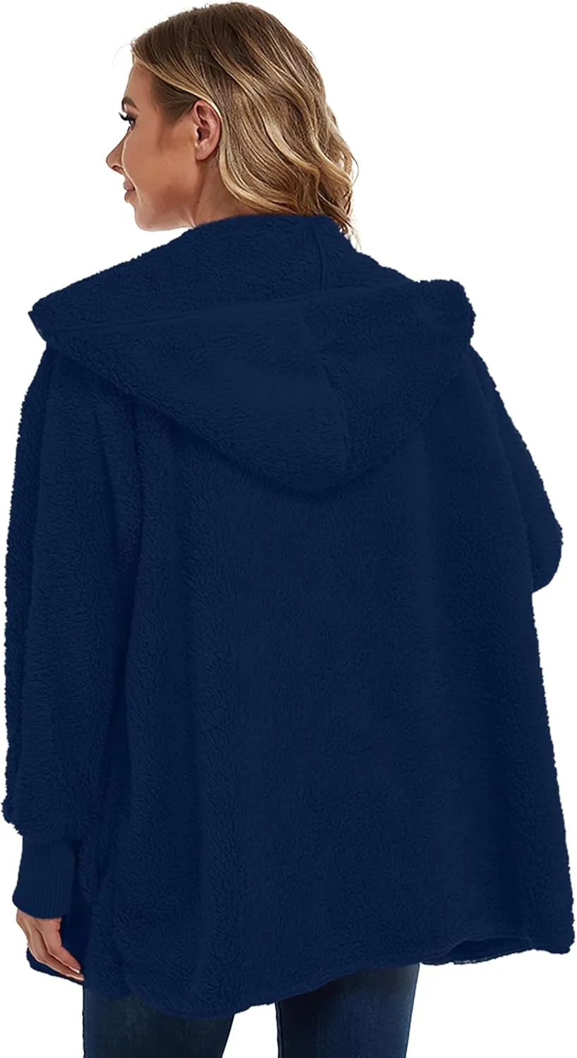 CHICGAL Womens Fuzzy Jacket Hooded Cardigan Open Front Sherpa Coat Outwear with Pockets
