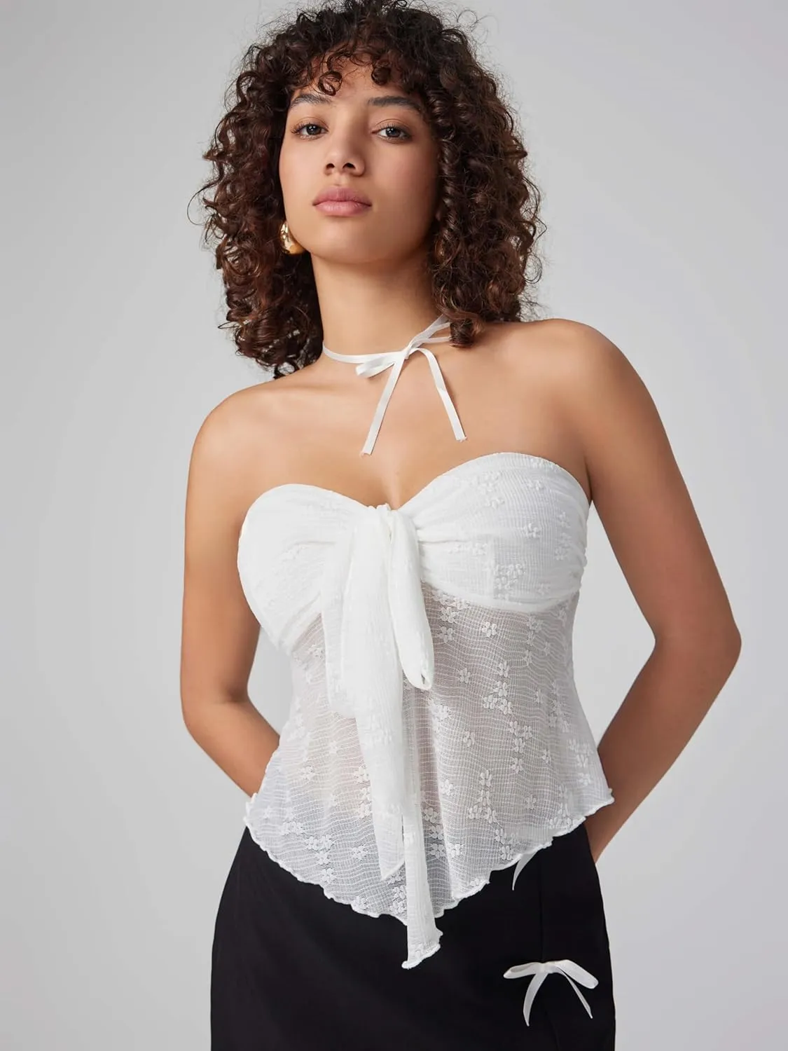 CIDER Summer Tube Tops for Women Floral Tie Front Cute Tops Sexy Going Out Tops Trendy Strapless Mesh Flowy Top Casual