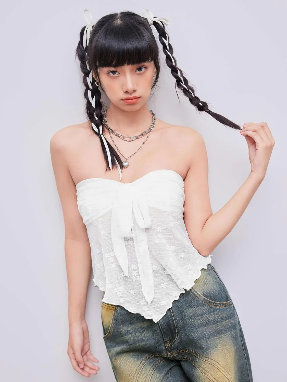 CIDER Summer Tube Tops for Women Floral Tie Front Cute Tops Sexy Going Out Tops Trendy Strapless Mesh Flowy Top Casual
