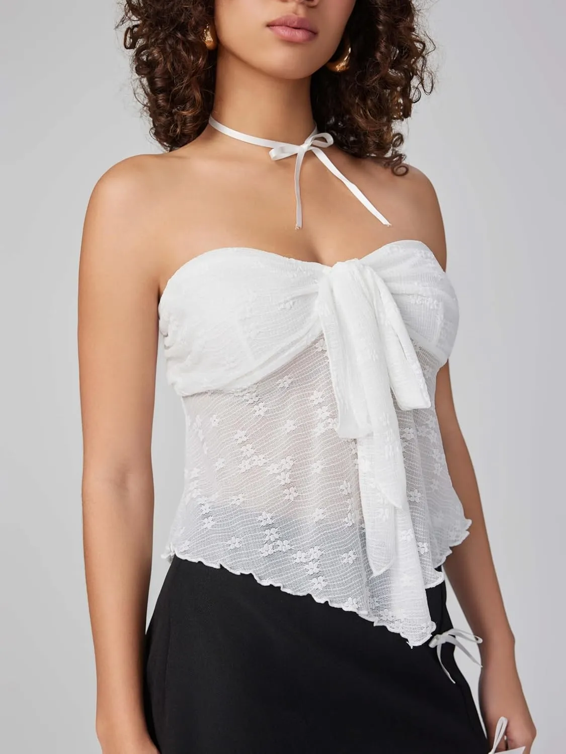 CIDER Summer Tube Tops for Women Floral Tie Front Cute Tops Sexy Going Out Tops Trendy Strapless Mesh Flowy Top Casual