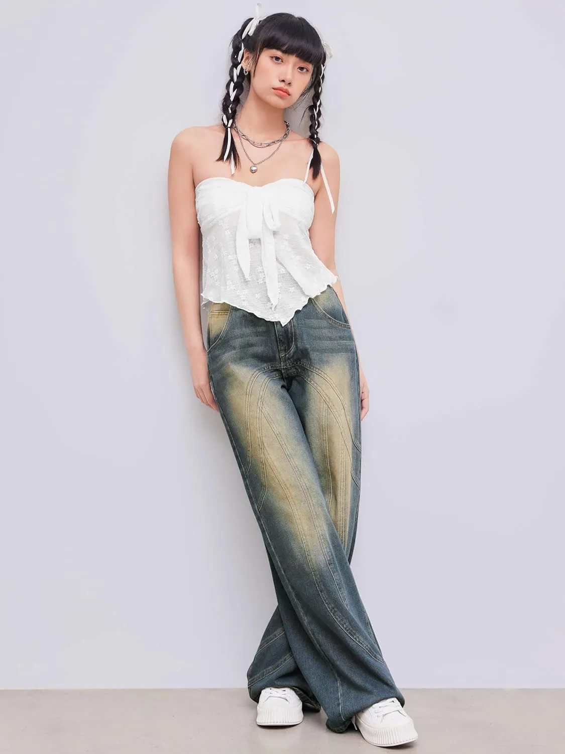CIDER Summer Tube Tops for Women Floral Tie Front Cute Tops Sexy Going Out Tops Trendy Strapless Mesh Flowy Top Casual