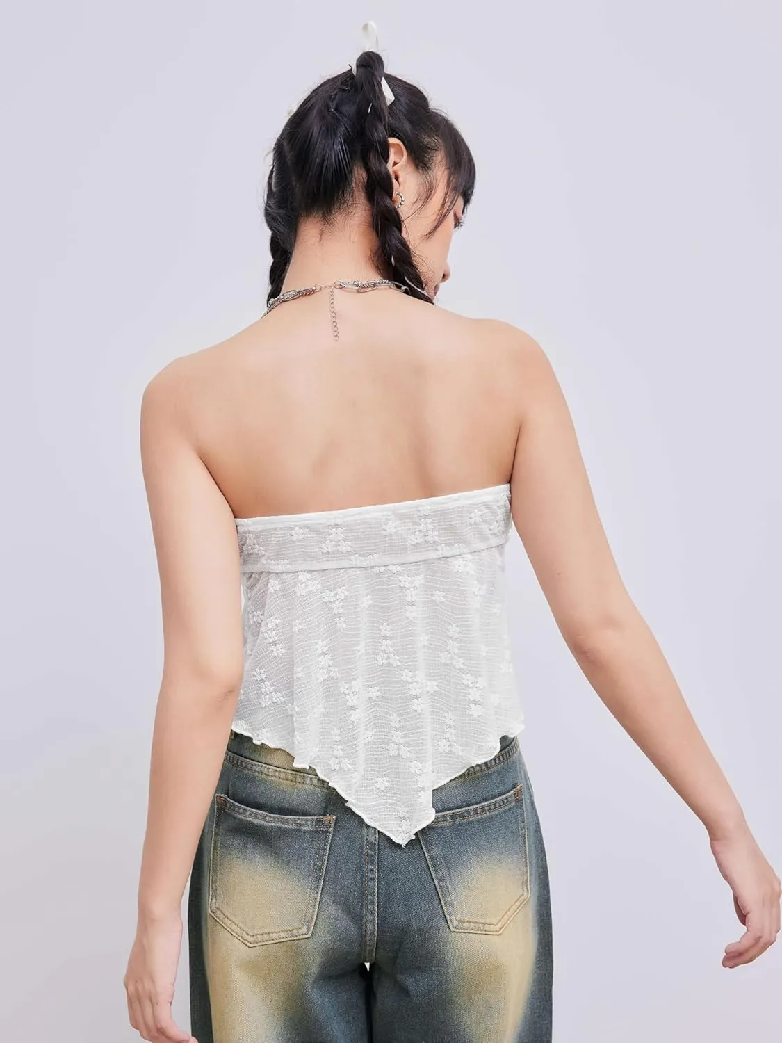 CIDER Summer Tube Tops for Women Floral Tie Front Cute Tops Sexy Going Out Tops Trendy Strapless Mesh Flowy Top Casual