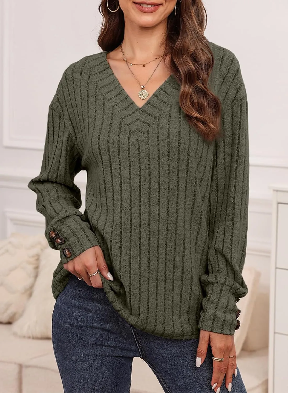Dokotoo Womens Soft Long Sleeve V Neck Shirts Solid Casual Decorative Buttons Knitted Pullover Tunic Tops