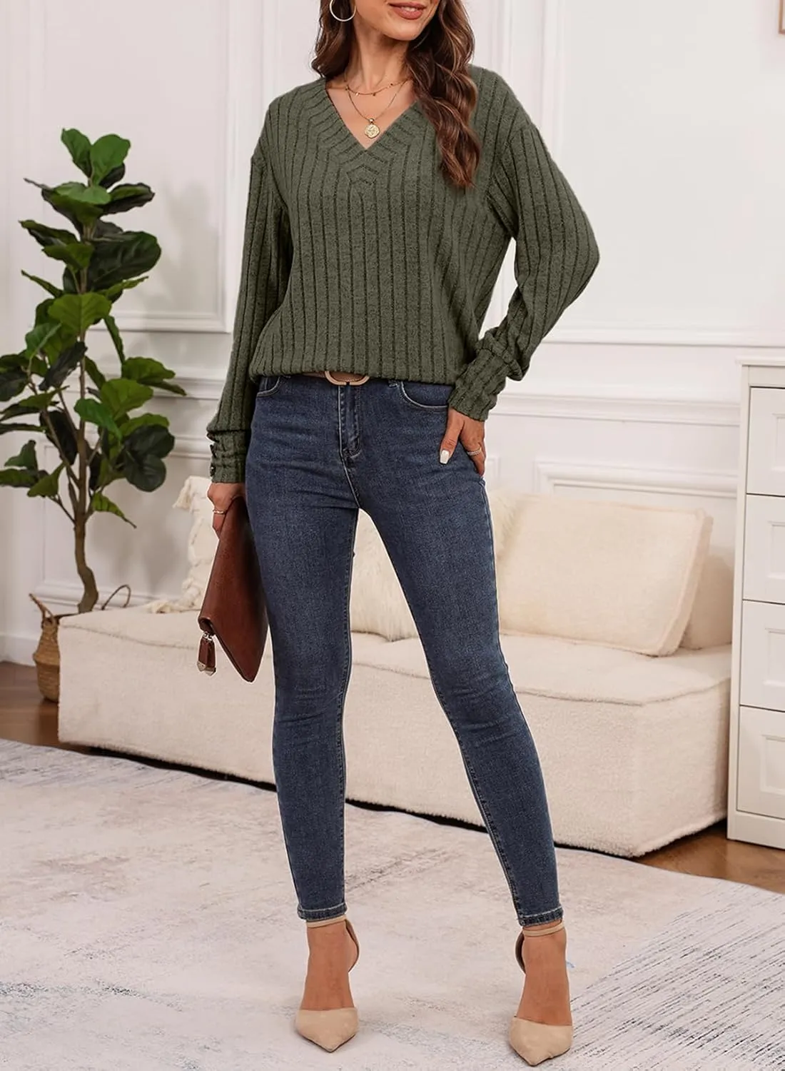 Dokotoo Womens Soft Long Sleeve V Neck Shirts Solid Casual Decorative Buttons Knitted Pullover Tunic Tops
