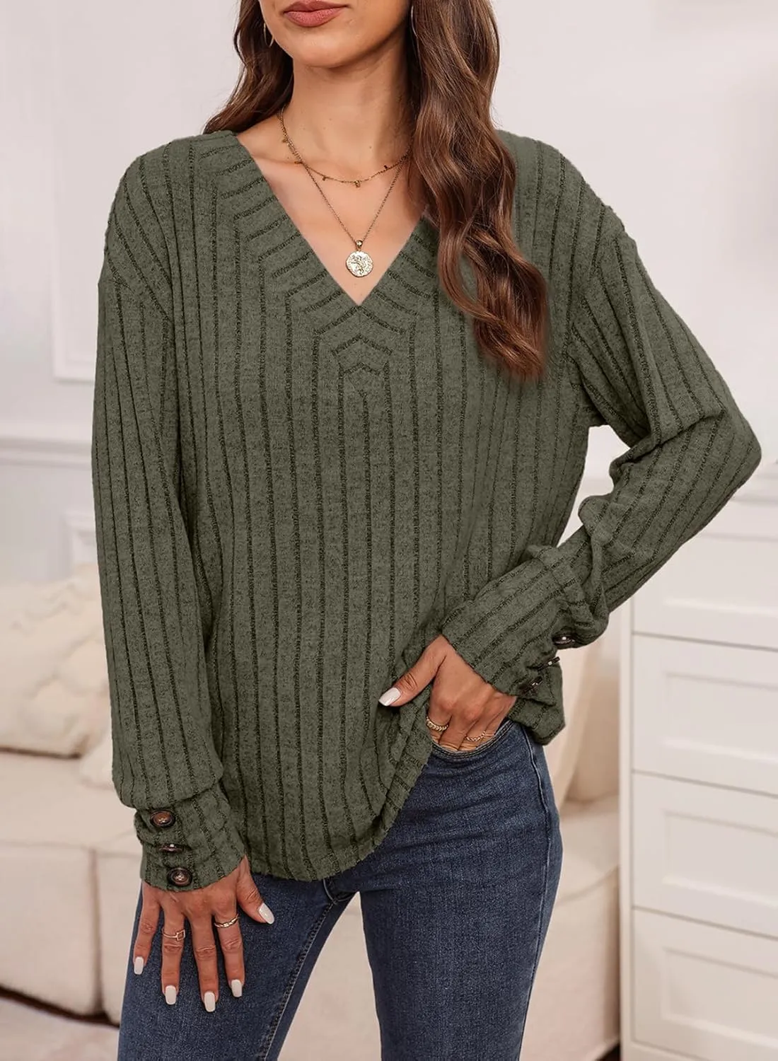 Dokotoo Womens Soft Long Sleeve V Neck Shirts Solid Casual Decorative Buttons Knitted Pullover Tunic Tops