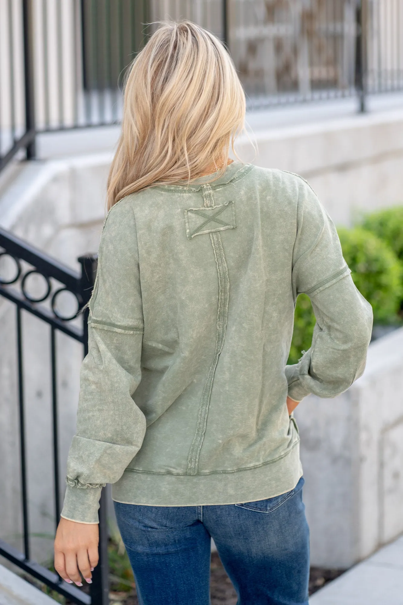 Exposed Seam Round Neck Dropped Shoulder Sweatshirt