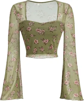 Floerns Women's Floral Print Flare Sleeve Lace Trim Mesh Crop Top Tee Shirts