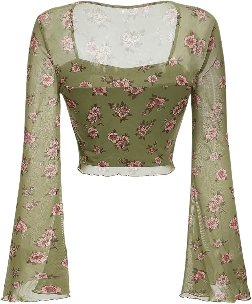 Floerns Women's Floral Print Flare Sleeve Lace Trim Mesh Crop Top Tee Shirts