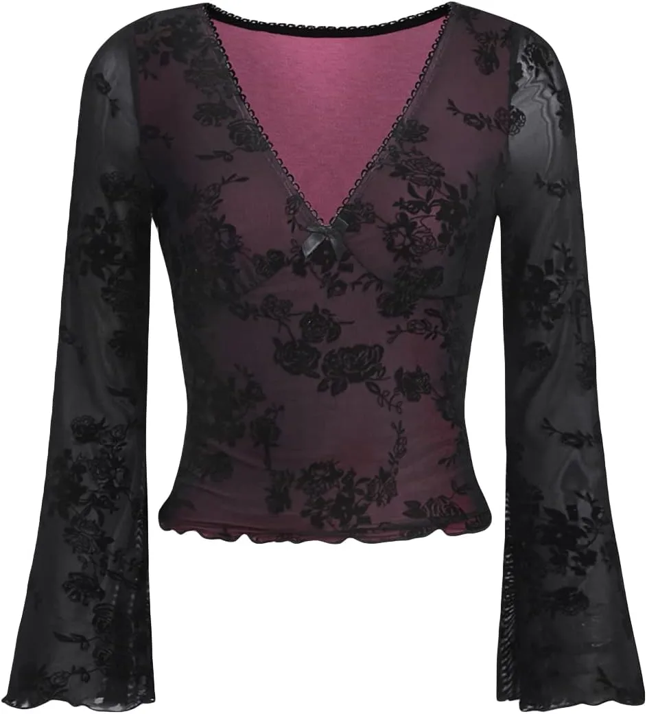 Floerns Women's Floral Print Flare Sleeve Lace Trim Mesh Crop Top Tee Shirts