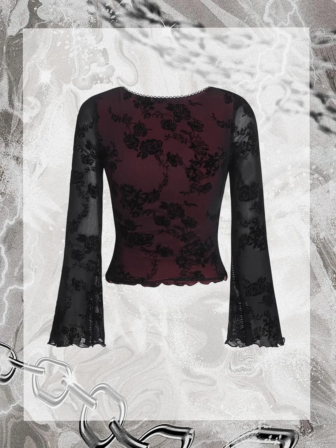 Floerns Women's Floral Print Flare Sleeve Lace Trim Mesh Crop Top Tee Shirts