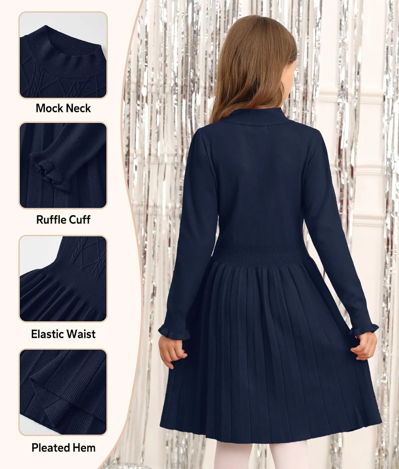 Girls Cable Knit Mock Neck Sweater Dress Fall Winter Long Sleeve Dresses 5-14 Years