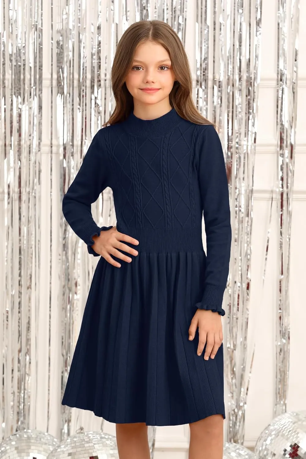 Girls Cable Knit Mock Neck Sweater Dress Fall Winter Long Sleeve Dresses 5-14 Years