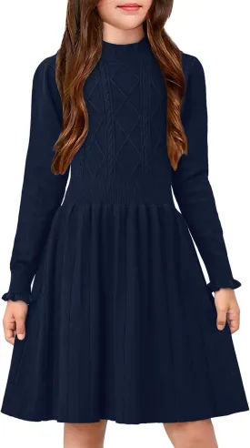 Girls Cable Knit Mock Neck Sweater Dress Fall Winter Long Sleeve Dresses 5-14 Years