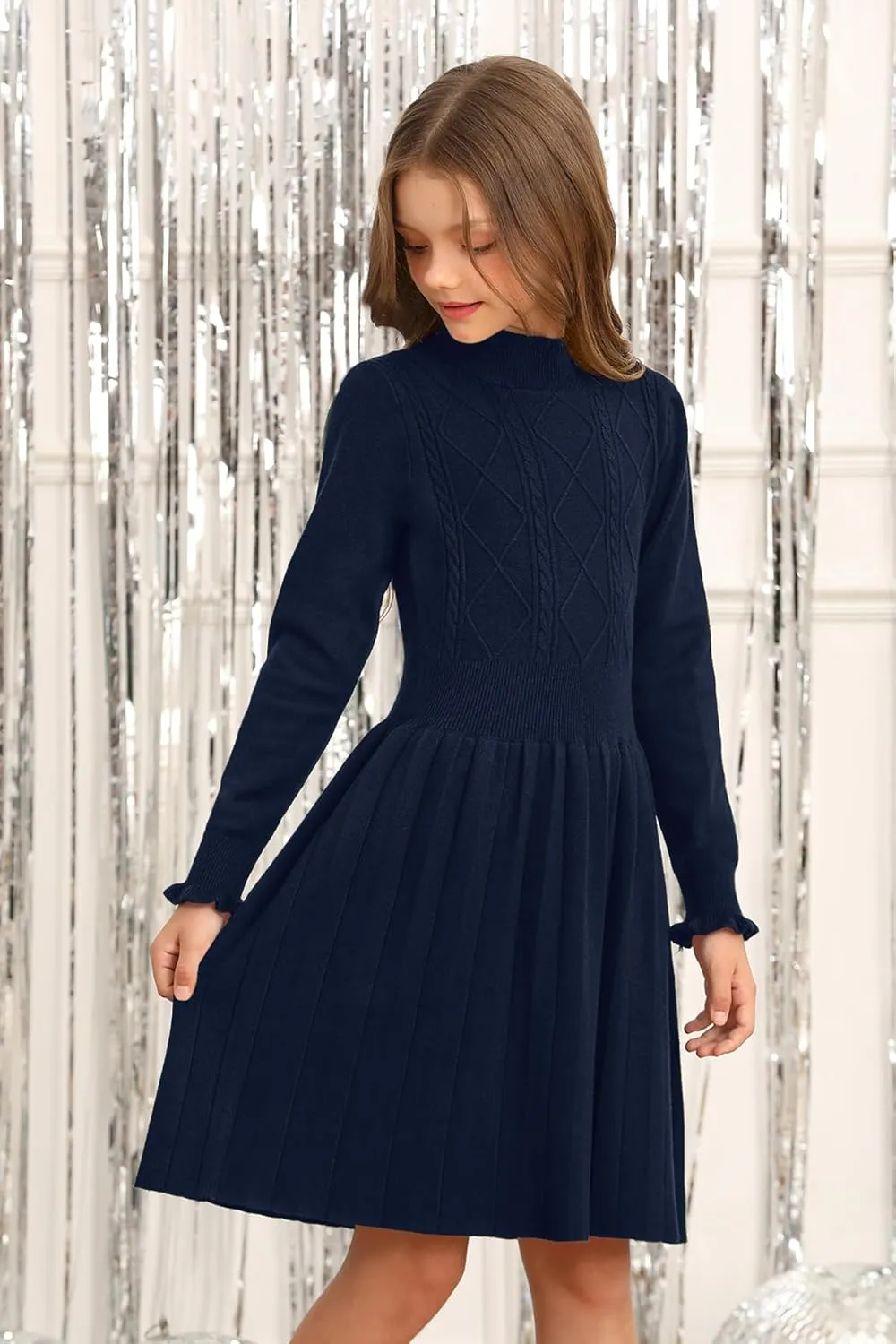 Girls Cable Knit Mock Neck Sweater Dress Fall Winter Long Sleeve Dresses 5-14 Years