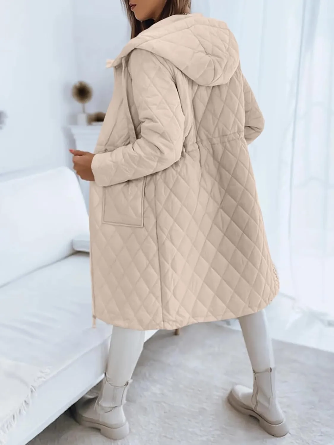 Imily Bela Womens Long Quilted Jackets Zip Up Hooded Drawstring Waist Coats with Pockets