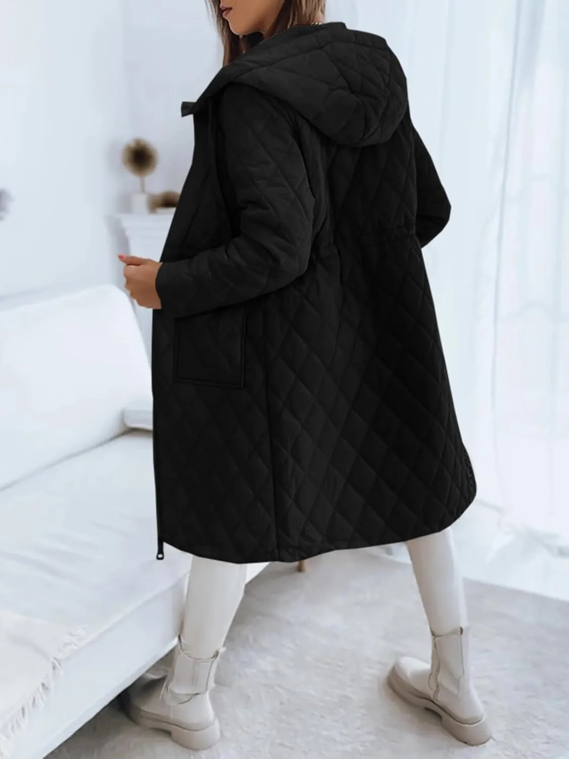 Imily Bela Womens Long Quilted Jackets Zip Up Hooded Drawstring Waist Coats with Pockets