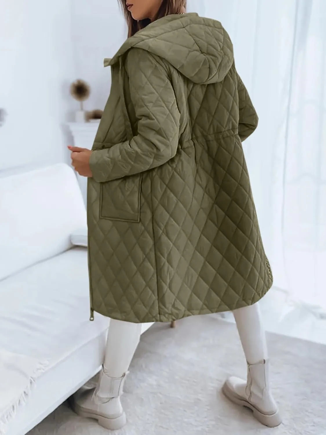 Imily Bela Womens Long Quilted Jackets Zip Up Hooded Drawstring Waist Coats with Pockets