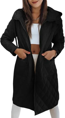 Imily Bela Womens Long Quilted Jackets Zip Up Hooded Drawstring Waist Coats with Pockets
