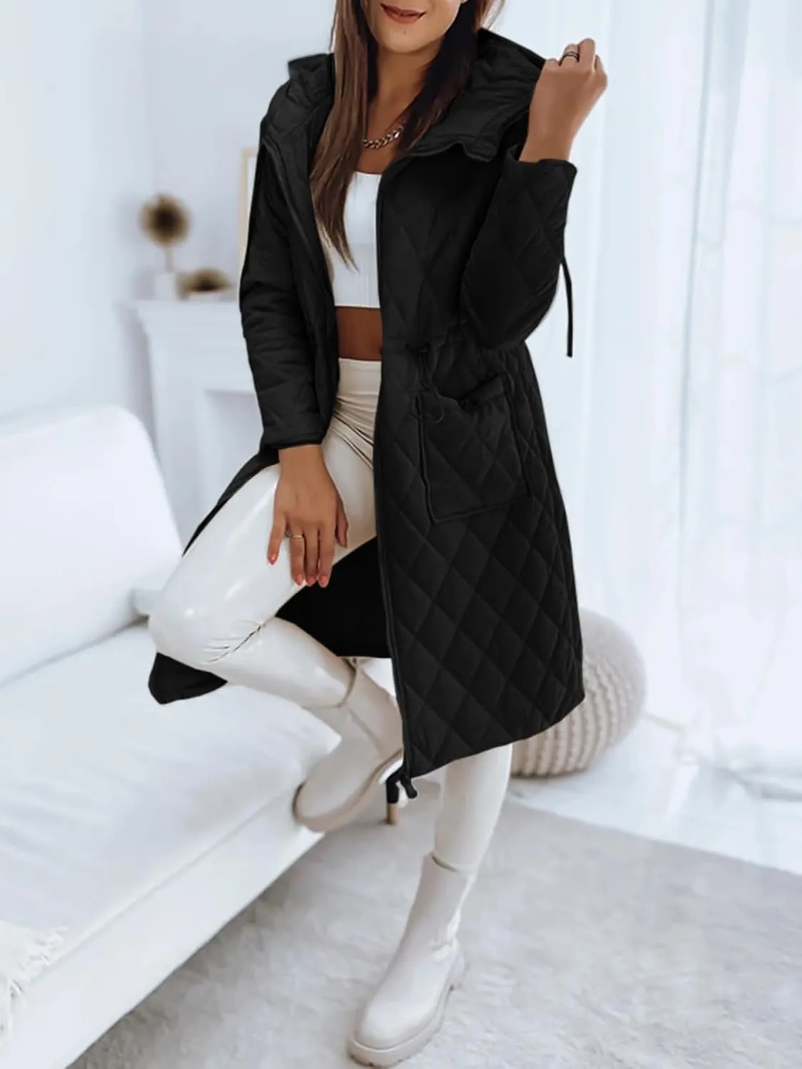 Imily Bela Womens Long Quilted Jackets Zip Up Hooded Drawstring Waist Coats with Pockets