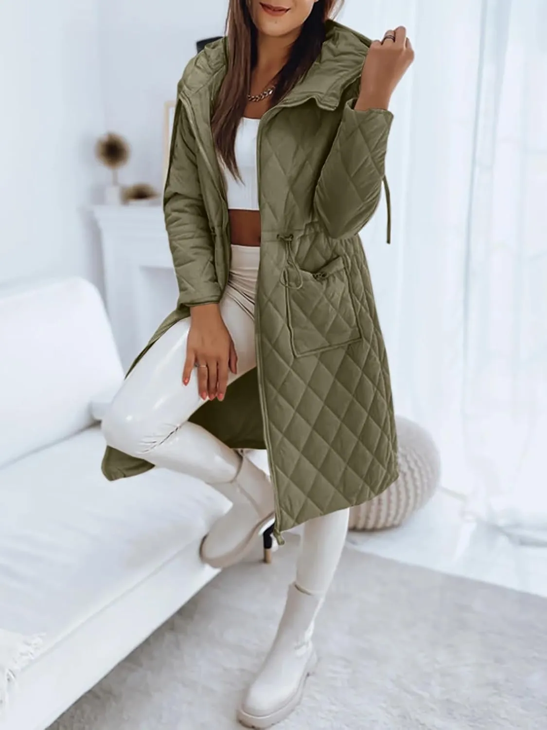 Imily Bela Womens Long Quilted Jackets Zip Up Hooded Drawstring Waist Coats with Pockets