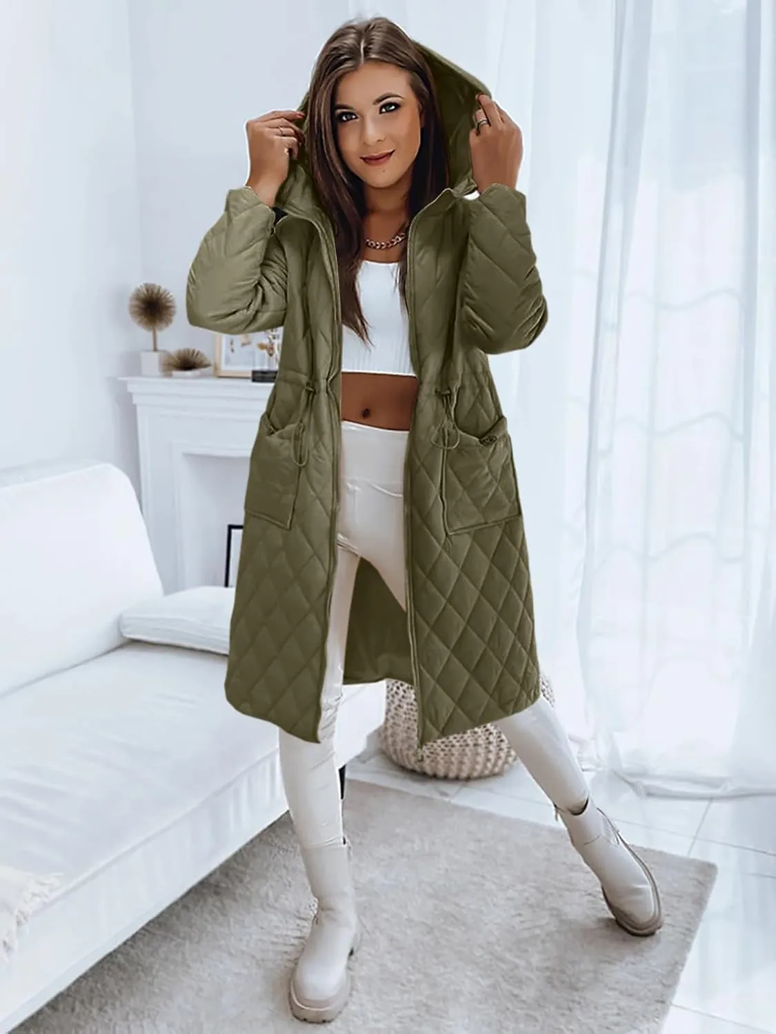 Imily Bela Womens Long Quilted Jackets Zip Up Hooded Drawstring Waist Coats with Pockets
