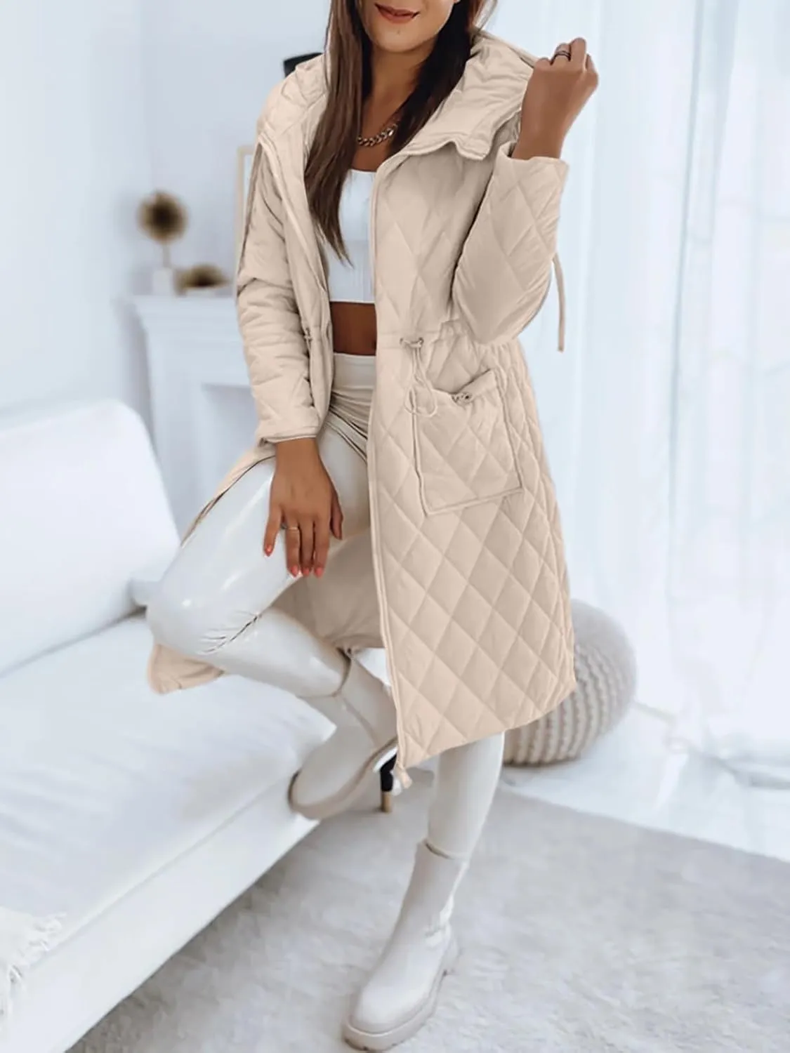 Imily Bela Womens Long Quilted Jackets Zip Up Hooded Drawstring Waist Coats with Pockets