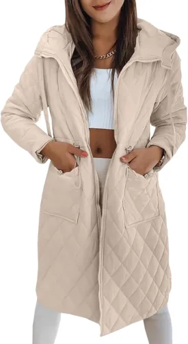 Imily Bela Womens Long Quilted Jackets Zip Up Hooded Drawstring Waist Coats with Pockets