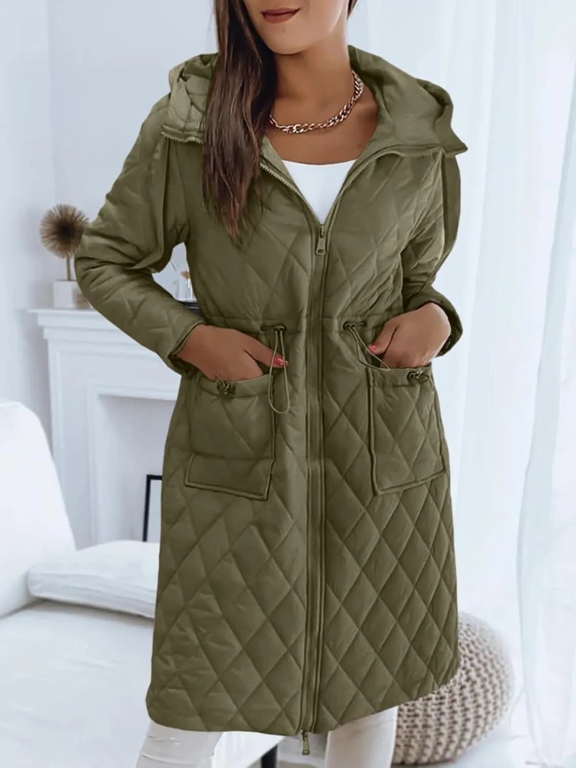 Imily Bela Womens Long Quilted Jackets Zip Up Hooded Drawstring Waist Coats with Pockets