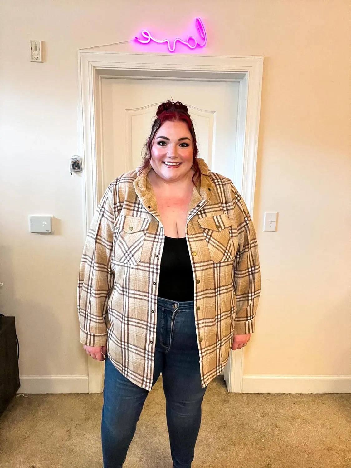 IN'VOLAND Plus Size Women Flannel Plaid Shacket Jacket Long Sleeve Button Down Fleece Hooded Jackets Fall Winter Coat