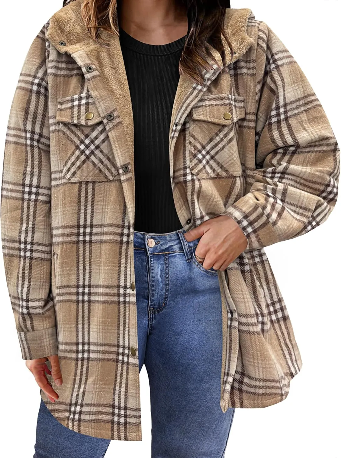 IN'VOLAND Plus Size Women Flannel Plaid Shacket Jacket Long Sleeve Button Down Fleece Hooded Jackets Fall Winter Coat