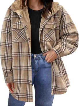 IN'VOLAND Plus Size Women Flannel Plaid Shacket Jacket Long Sleeve Button Down Fleece Hooded Jackets Fall Winter Coat
