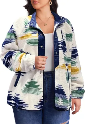 IN'VOLAND Plus Size Womens Fleece Jacket Western Aztec Print Long Sleeve Snap Button Down Shacket with Pockets