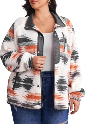 IN'VOLAND Plus Size Womens Fleece Jacket Western Aztec Print Long Sleeve Snap Button Down Shacket with Pockets