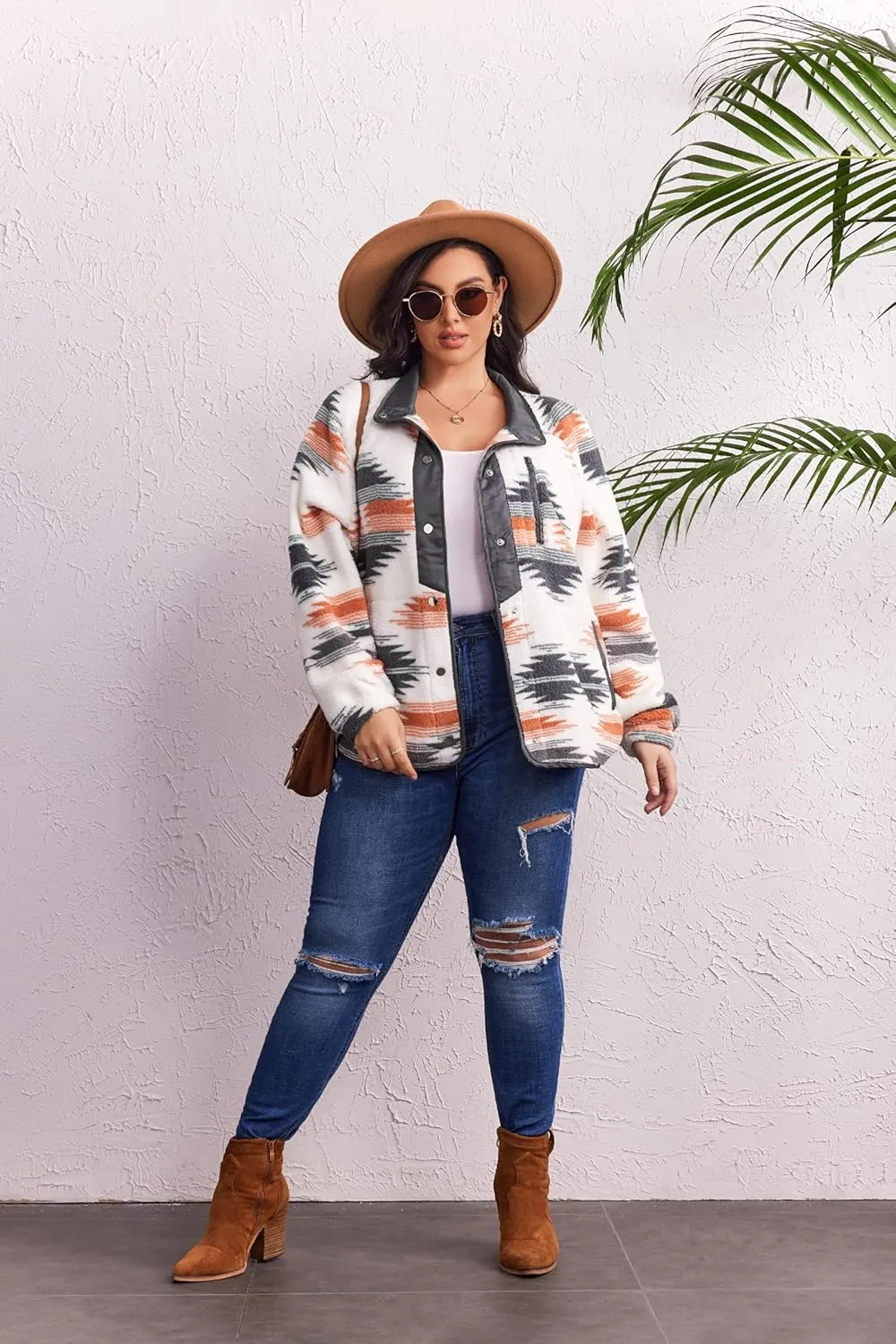 IN'VOLAND Plus Size Womens Fleece Jacket Western Aztec Print Long Sleeve Snap Button Down Shacket with Pockets