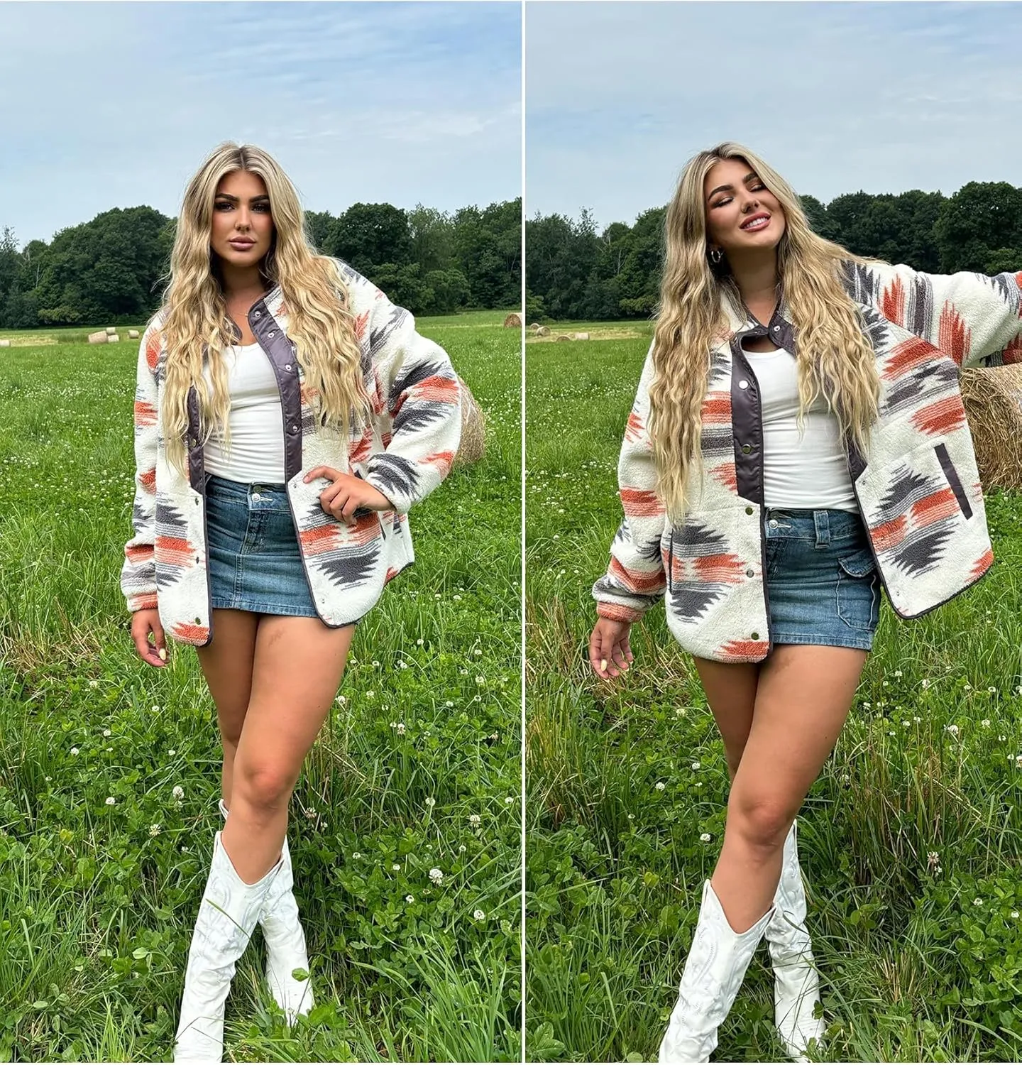 IN'VOLAND Plus Size Womens Fleece Jacket Western Aztec Print Long Sleeve Snap Button Down Shacket with Pockets